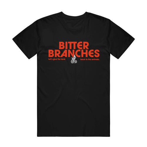 This Bitter Branches Comfort Colors tee features bold red “BITTER BRANCHES” text, a black-and-white snake illustration, and “Let’s give the land back to the animals” beneath.