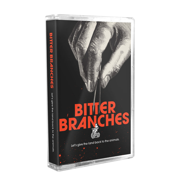 A cassette tape case featuring cover art of a giant hand plucking a tiny cyclist. "Bitter Branches" appears in bold orange, with the subtitle "Let's Give The Land Back to the Animals" cassette album presale.