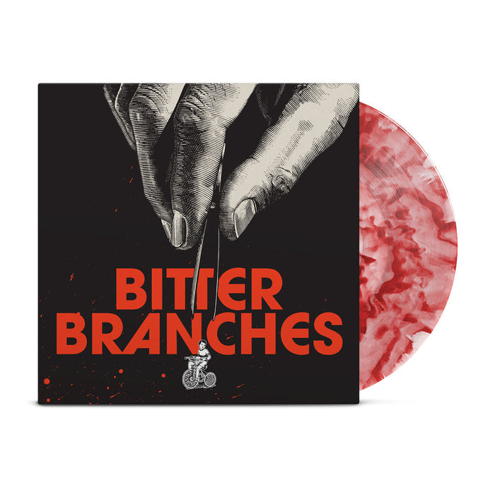 The Bitter Branches album cover shows a large hand holding scissors above bold orange text, with a small person on a tricycle below; the red ripple vinyl LP is partially visible, making this presale especially eye-catching.