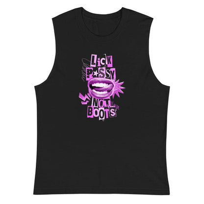 Black tank top with pink graphic design on a white background