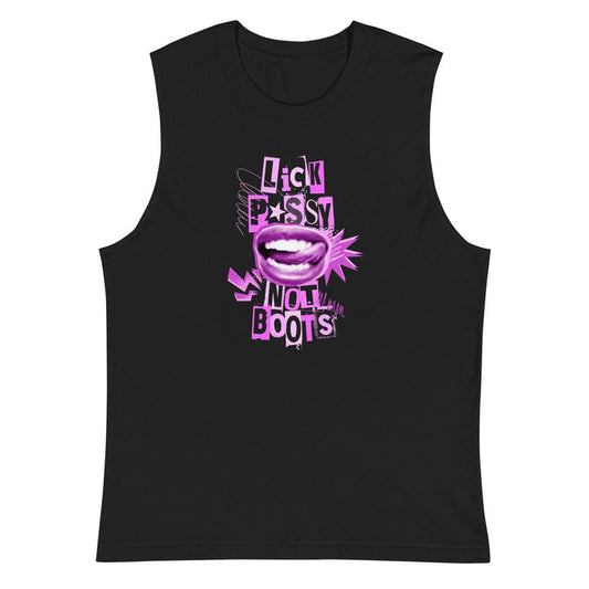 Black tank top with pink graphic design on a white background