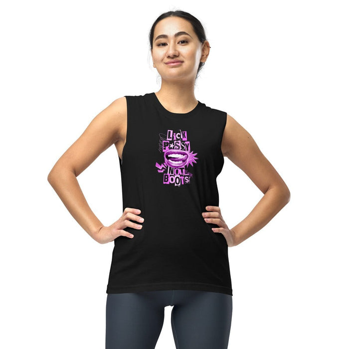 Woman wearing a black sleeveless shirt with pink text on a white background