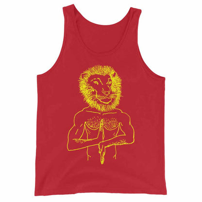 Red tank top with yellow lion graphic on a white background