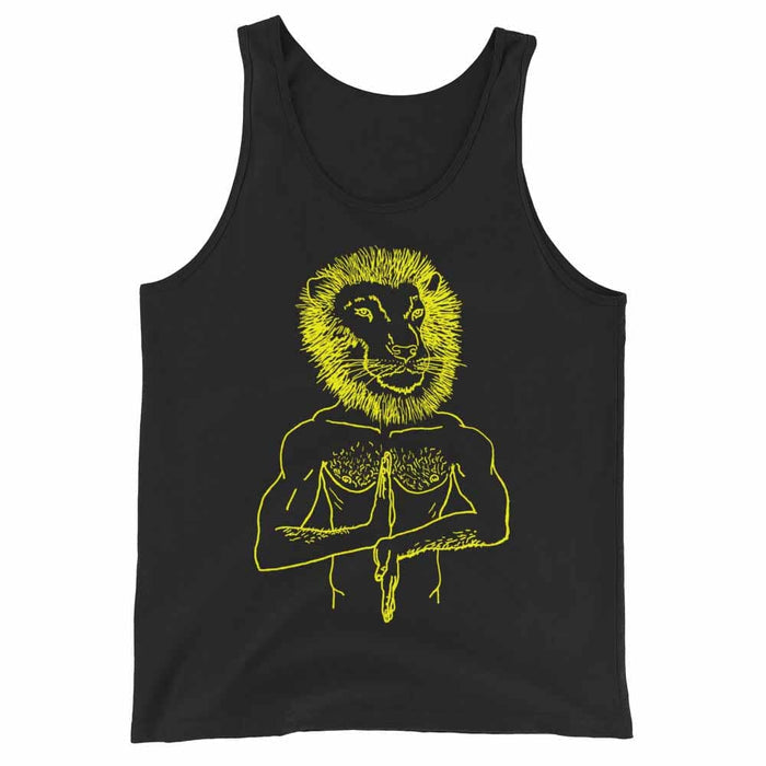 Black tank top with yellow lion graphic design on a white background