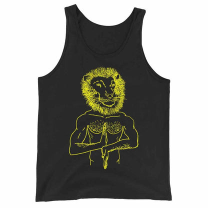 Black tank top with yellow lion graphic design on a white background