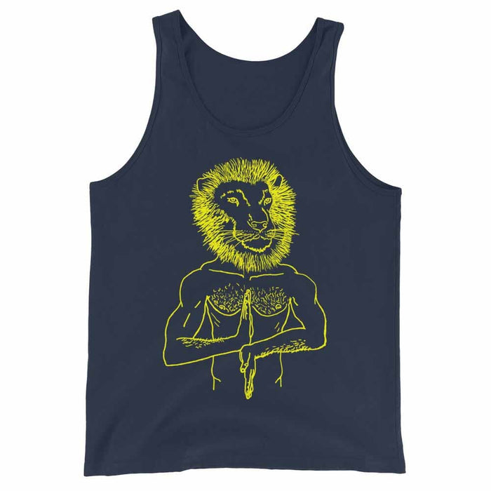 Navy tank top with yellow lion graphic design on a white background