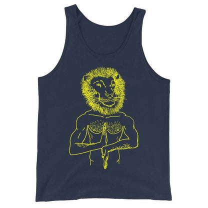 Navy tank top with yellow lion graphic design on a white background