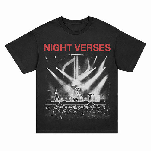 Night Verses black T-shirt with “NIGHT VERSES” in red at the top, a white live band performance graphic under spotlights and a crowd, plus a large abstract background symbol.