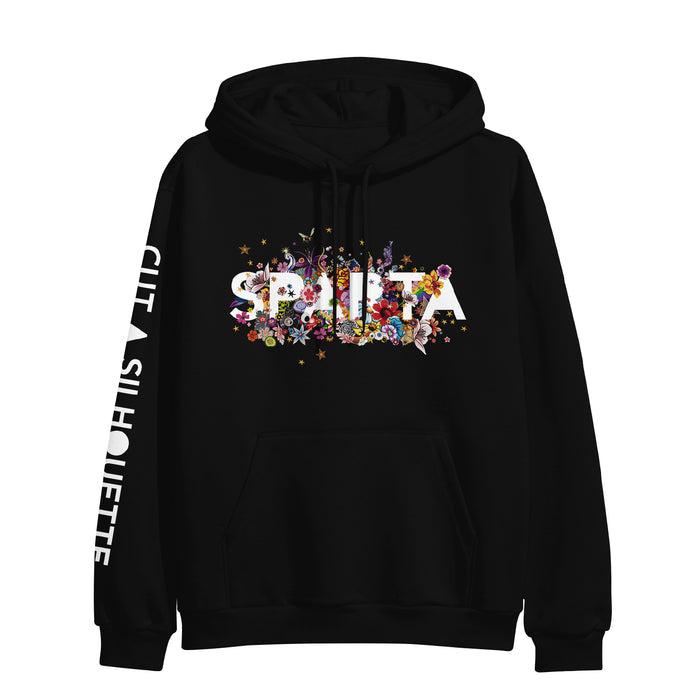 Black printed hoodie by Sparta features “SPILT” in bold white letters filled with colorful flowers and stars; “CULT A SILHOUETTE” runs along one sleeve. Unique custom apparel for standout style.