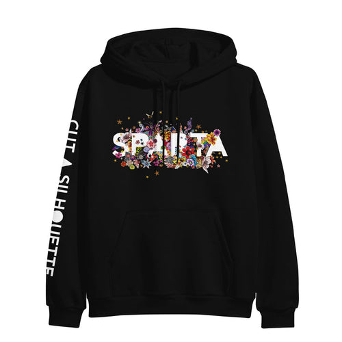 Black printed hoodie by Sparta features “SPILT” in bold white letters filled with colorful flowers and stars; “CULT A SILHOUETTE” runs along one sleeve. Unique custom apparel for standout style.