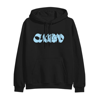 A black Quicksand hooded sweatshirt featuring a large front pocket and a light blue abstract print across the chest.