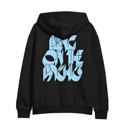 A black printed hoodie from Quicksand featuring bold, light blue "BRING ON THE PSYCHE" text in a modern font on the back—ideal for custom apparel fans.