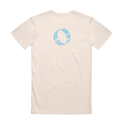 A white Quicksand Comfort Colors t-shirt, shown from the back, displays a small blue circular design by the neckline with "GOOD ONLY" repeated around the circle.
