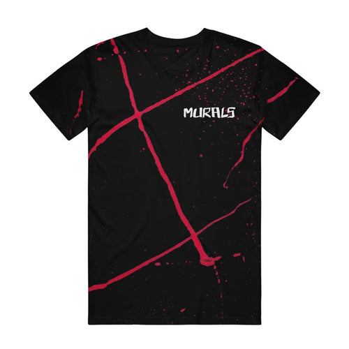 A Murals Heavy Cotton black T-shirt with red abstract splatter and diagonal streaks, featuring the Murals logo embroidered and MURALS printed in white on the upper left chest.