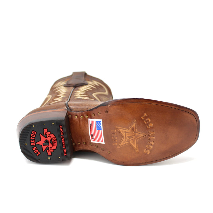 Bottom view of Los Altos Women’s Dubai Western Boot showing leather sole with Los Altos logo and American flag sticker.