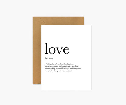 valentine’s day card with the word “love” in black handwriting and it's definition