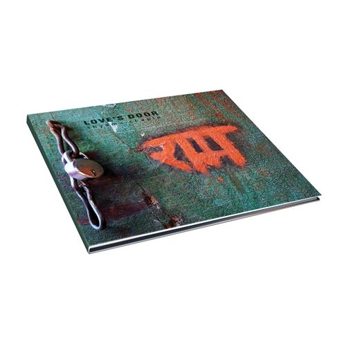 A green and blue vinyl cover shows a rusted door with a red symbol on it. There is a lock on the side with the words "Love's Door" on the top.