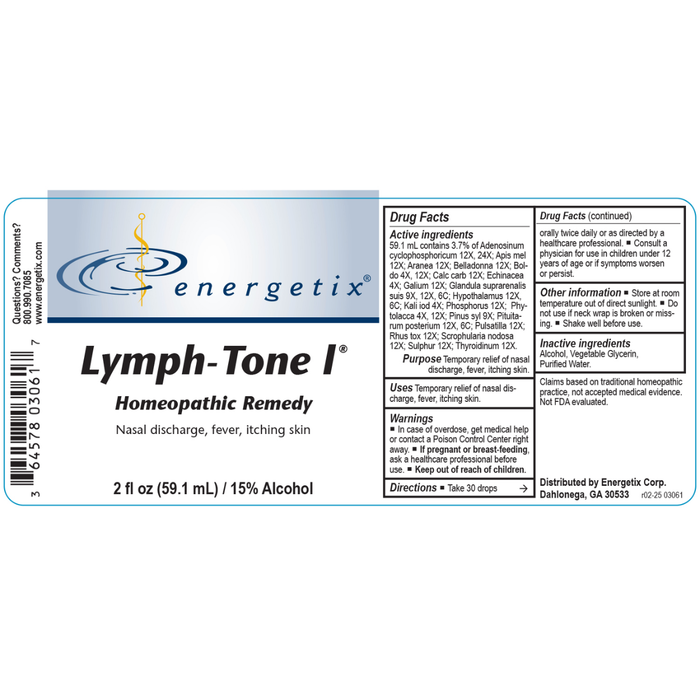 Lymph-Tone I® is a homeopathic combination formula for recent symptoms such as mucous discharge; irritated, watery eyes; cough; high-grade fever; excessive perspiration; skin eruptions; redness and swelling; sleeplessness; frequent urination; nausea; diarrhea.
