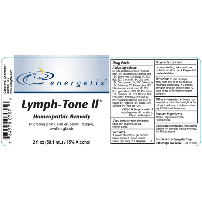 Lymph-Tone II® is a homeopathic combination formula for long-standing symptoms such as fatigue; migrating pains; blinding headaches; swollen glands; painful, stiff joints; lower back pain; aching muscles and joints; itching skin; warts; hemorrhoids; hair loss; night sweats; nerve pain.