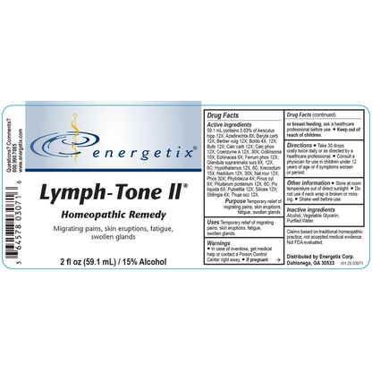 Lymph-Tone II® is a homeopathic combination formula for long-standing symptoms such as fatigue; migrating pains; blinding headaches; swollen glands; painful, stiff joints; lower back pain; aching muscles and joints; itching skin; warts; hemorrhoids; hair loss; night sweats; nerve pain.