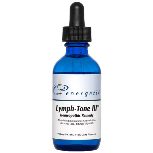 Lymph-Tone III® is a homeopathic combination formula for compensatory symptoms such as exhaustion; weakness; apathy; disrupted sleep; sunken eyes; low-grade fever; loss of appetite; abdominal pain; migrating pains; boils; hair loss; dry, scaly, itchy skin; weak limbs; nerve pain; disrupted digestion.†