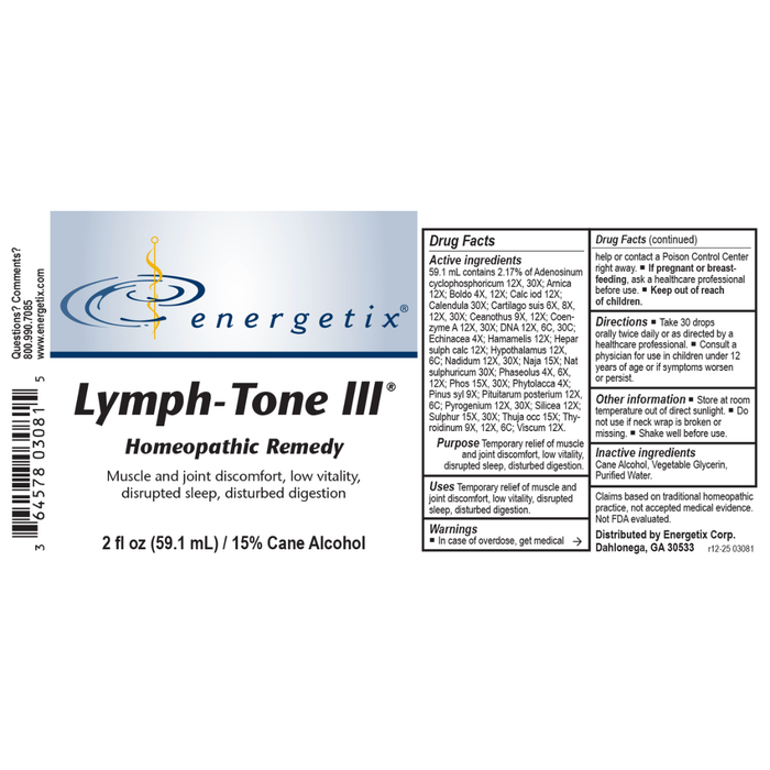 Lymph-Tone III® is a homeopathic combination formula for compensatory symptoms such as exhaustion; weakness; apathy; disrupted sleep; sunken eyes; low-grade fever; loss of appetite; abdominal pain; migrating pains; boils; hair loss; dry, scaly, itchy skin; weak limbs; nerve pain; disrupted digestion.†