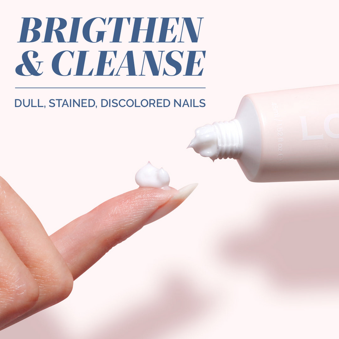 A hand with long nails applies Mani Bright Nail Scrub by LONDONTOWN from a tube onto the fingertip. Text reads, "Brighten & Cleanse. Nail treatment for dull, stained, discolored nails.