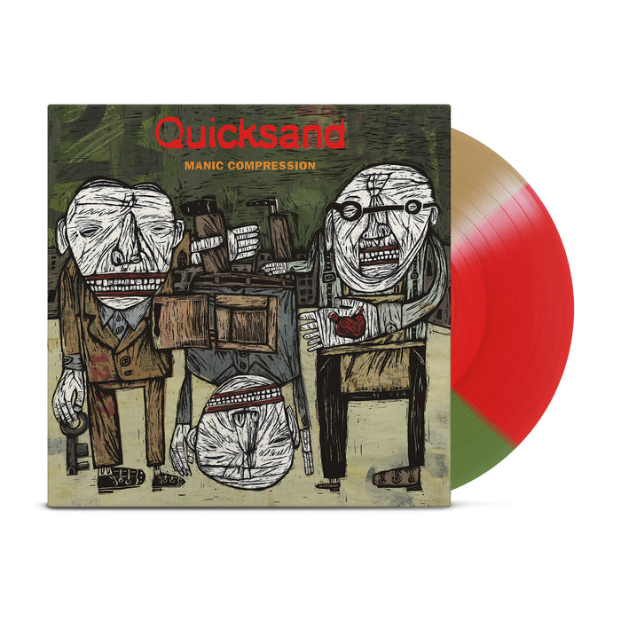 The image shows a partially pulled red and green vinyl record featuring abstract art with three distorted figures, celebrating the 30th Anniversary Deluxe Edition reissue of Quicksand's Manic Compression.