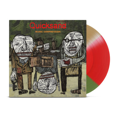 The image shows a partially pulled red and green vinyl record featuring abstract art with three distorted figures, celebrating the 30th Anniversary Deluxe Edition reissue of Quicksand's Manic Compression.