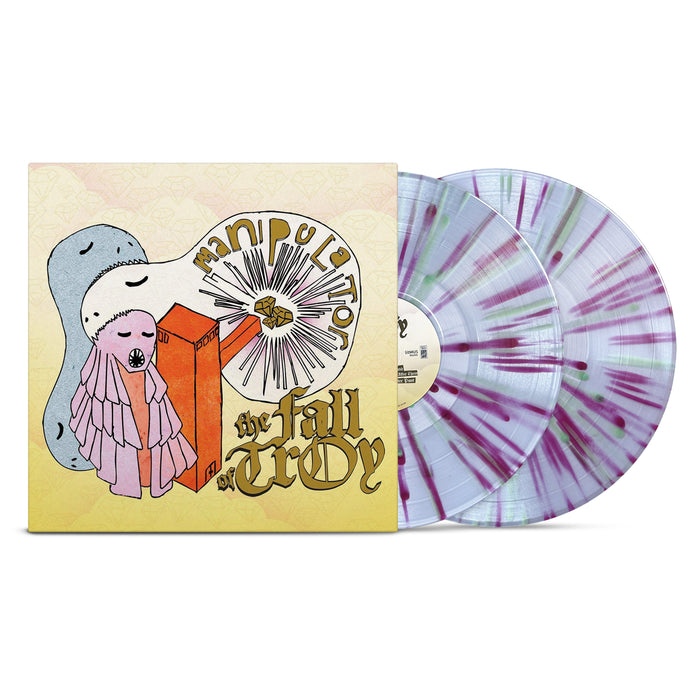 Two splatter-patterned The Fall of Troy Manipulator vinyl records are displayed beside the album cover, which features whimsical abstract art and stylized figures. This double LP limited edition is a standout for collectors.