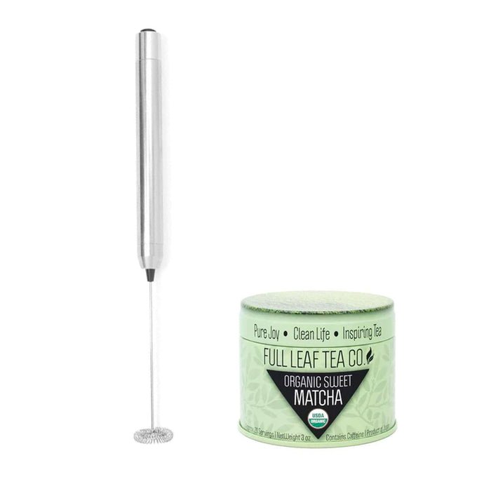 A Matcha Frother next to a tin of Organic Sweet Matcha.