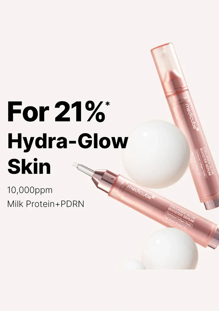 Two skincare products with a white background and promotional text about hydra-glow skin.