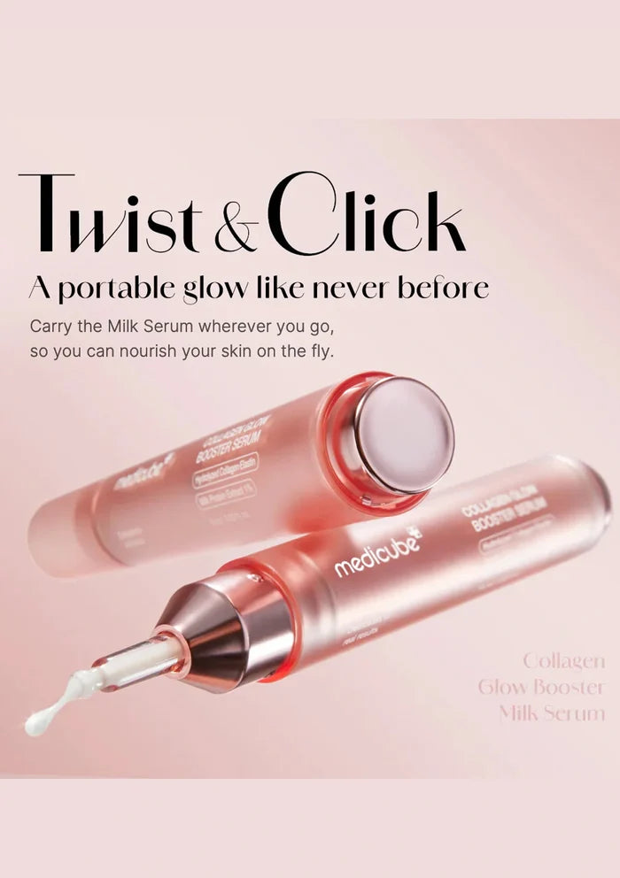 Two skincare serum bottles with a pink background and text about the product.