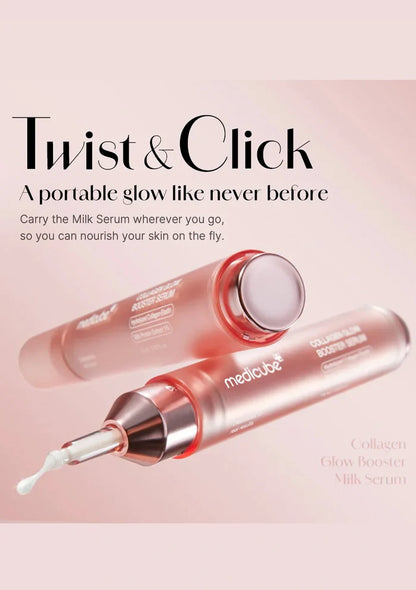 Two skincare serum bottles with a pink background and text about the product.