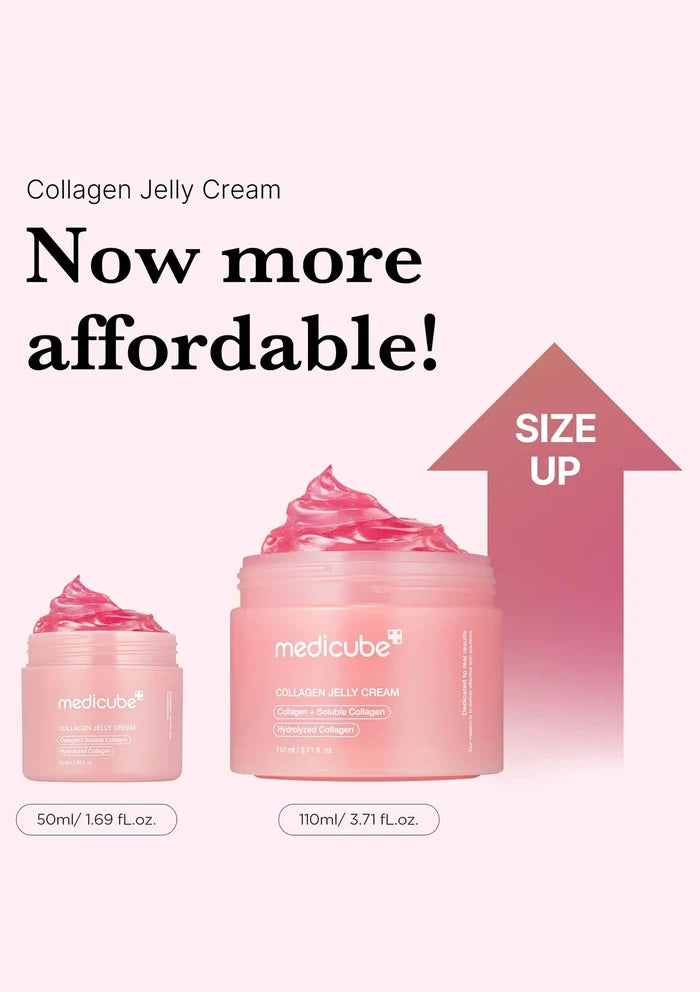 Collagen Jelly Cream packaging with size comparison on a gradient background