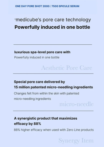 Promotional text for medicube's pore care serum on a light blue background
