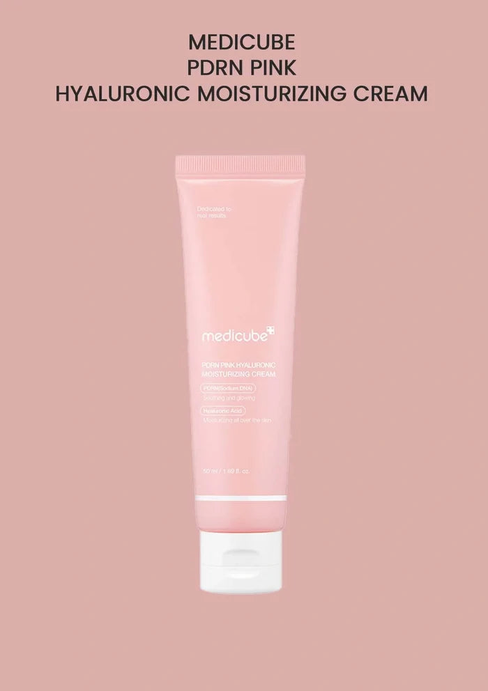 Pink tube of Medicube PRDRN Pink Hyaluronic Moisturizing Cream on a pink background