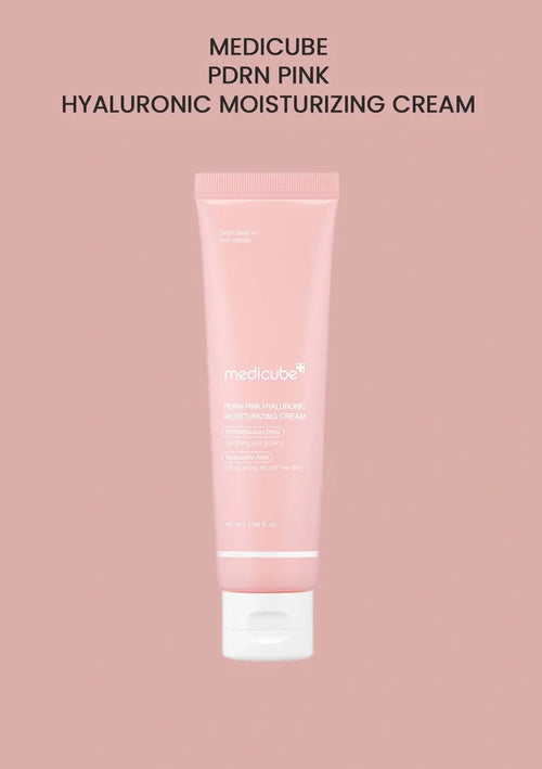 Pink tube of Medicube PRDRN Pink Hyaluronic Moisturizing Cream on a pink background