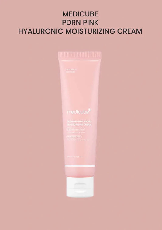 Pink tube of Medicube PRDRN Pink Hyaluronic Moisturizing Cream on a pink background