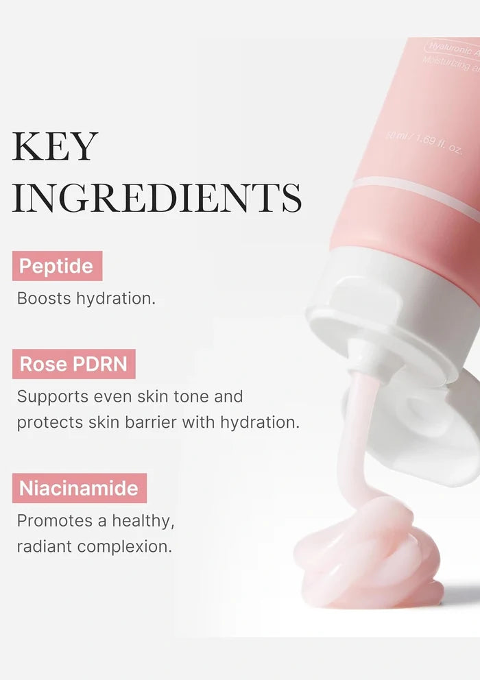 Cosmetic product with key ingredients listed on a light gray background