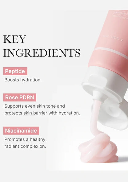 Cosmetic product with key ingredients listed on a light gray background
