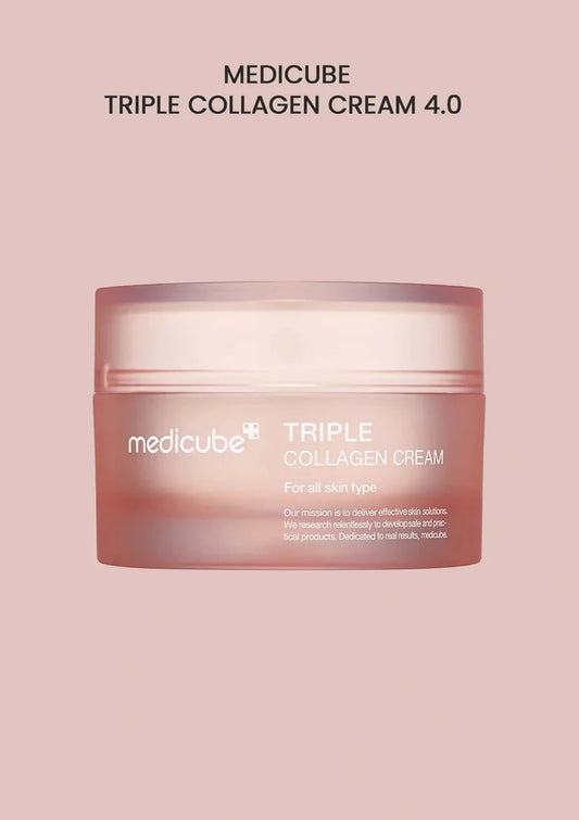 Medicube Triple Collagen Cream 4.0 jar on a pink background