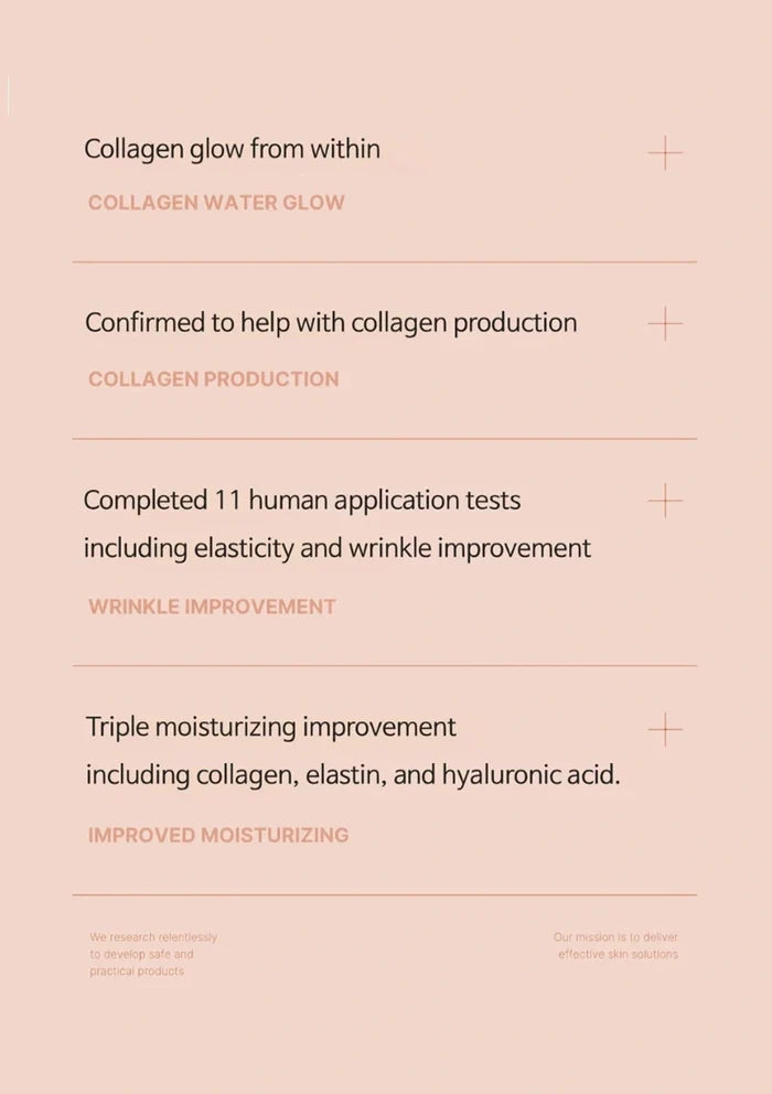 Text on a pink background about collagen water glow, collagen production, and wrinkle improvement.