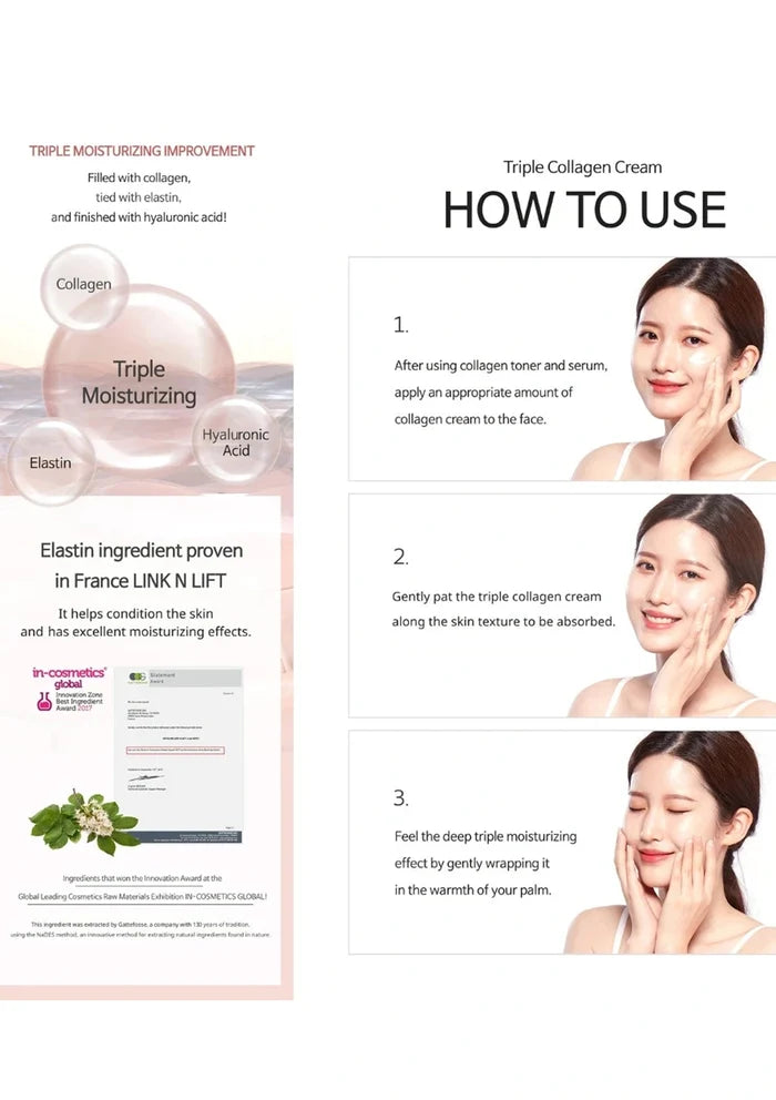 Instructions on how to use a triple collagen cream with a woman applying the cream.