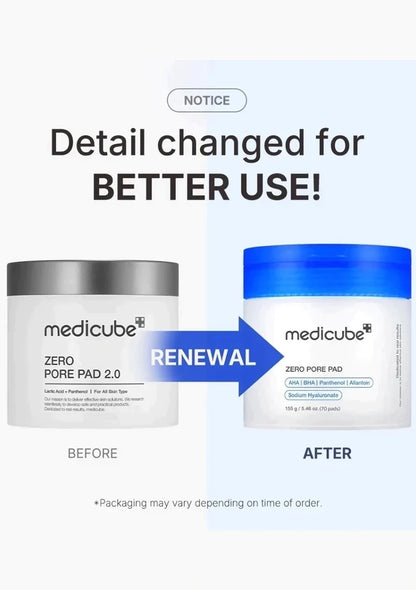Before and after comparison of Medicube Zero Pore Pad packaging with a blue arrow indicating renewal.