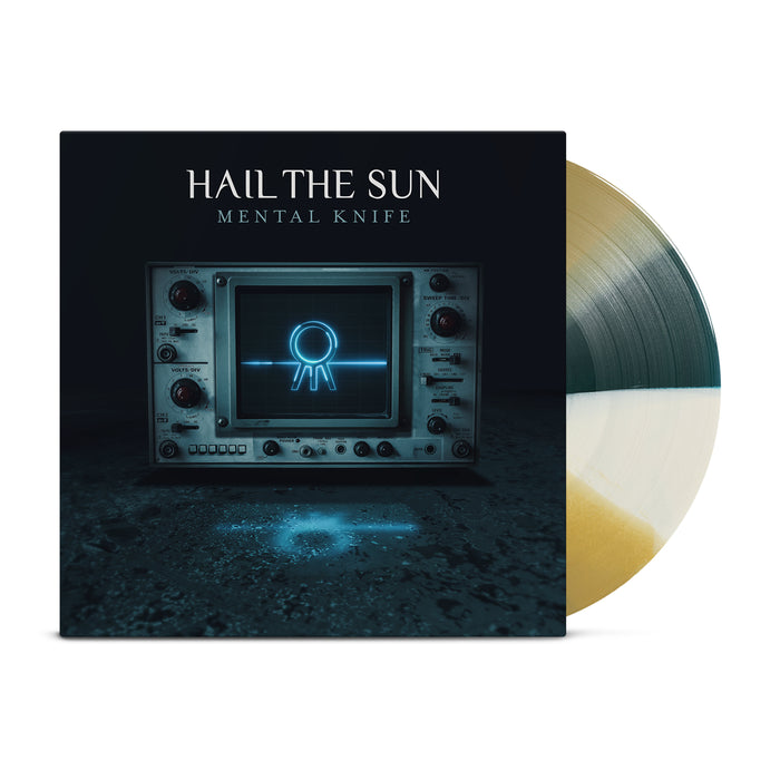 Hail The Sun’s Mental Knife Bone & Blue Twister vinyl features an oscilloscope cover with a blue symbol and a striking blend of gold, black, and white—perfect for collectors.