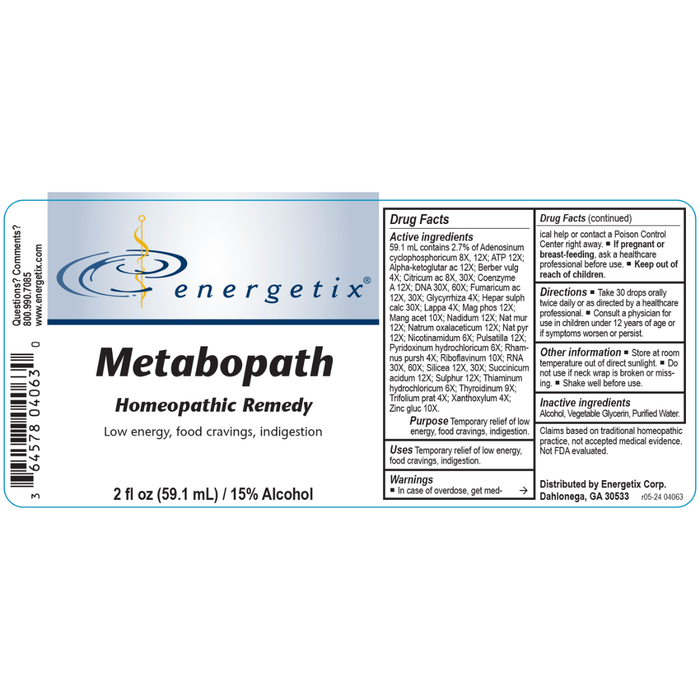 Metabopath is a homeopathic combination formula for symptoms associated with cellular metabolism.