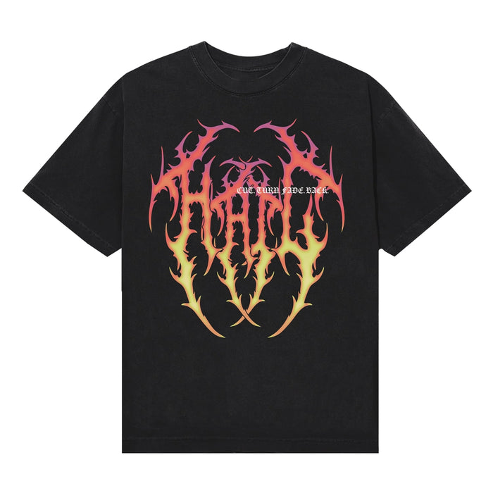 A Hail The Sun black T-shirt featuring a bold, orange and pink flame graphic with THE TRUTH MADE ME subtly blended into the chest design, inspired by black metal style.