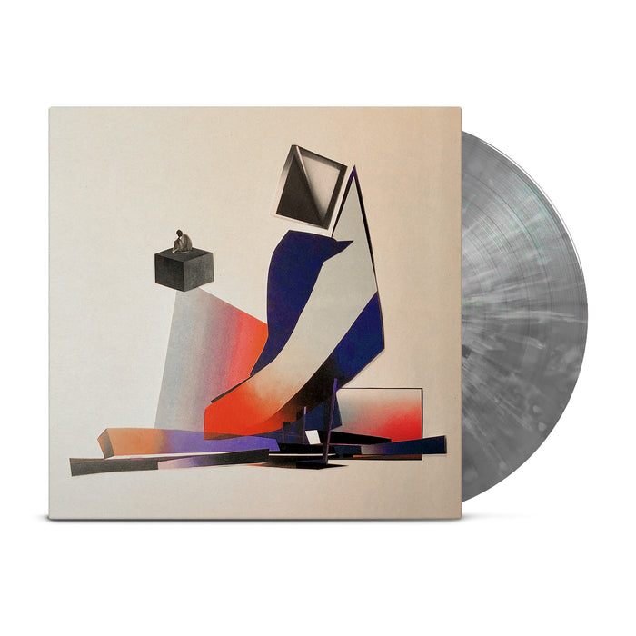 A Black Swirl Vinyl by Nova Charisma, featuring a marbled metropolitan gray pattern, comes in a cover with abstract geometric shapes in neutral, blue, and red tones and a small figure on a black cube. Includes album digital download.