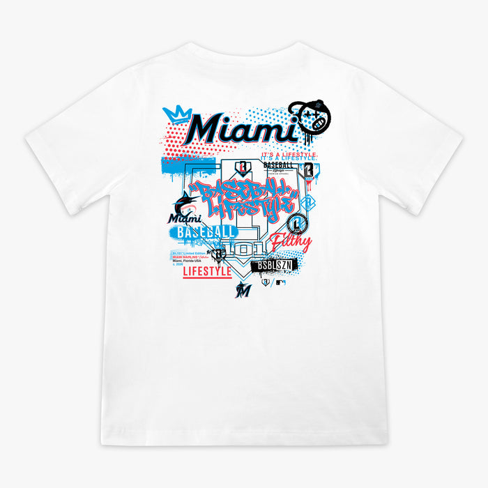 Youth graphic tee with “Miami Marlins Drip” design — back view